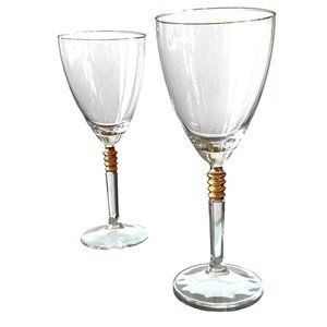 2 QUALIA Glass Helix CRYSTAL Wine Glasses/ Goblets GOLD RIMS & Stem ACCENT Rings